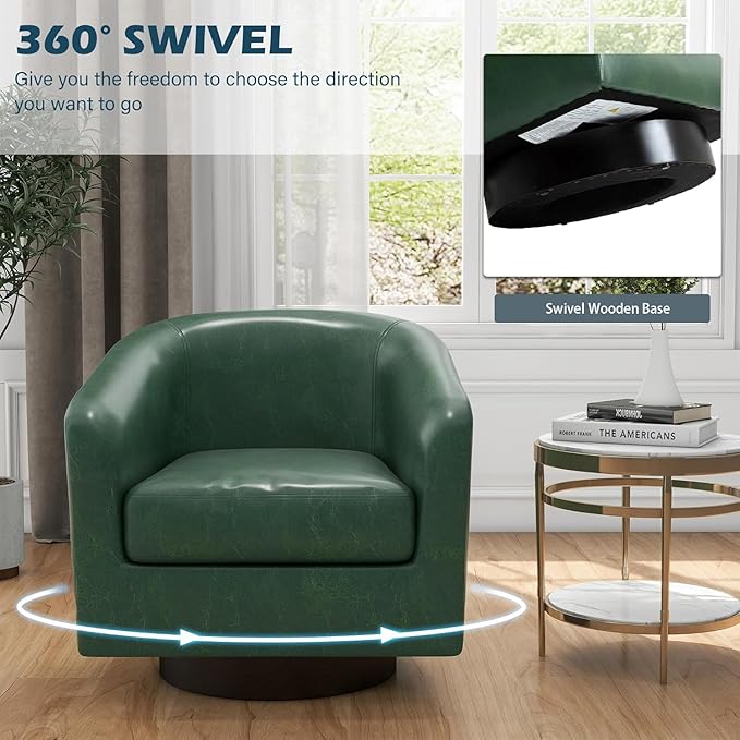 UIXE Faux Leather Swivel Accent Chairs, Modern Upholstered Barrel Club Chair for Living Room, Round Armchair Single Sofa Bedroom Side Reading Seat - Green, Set of 2