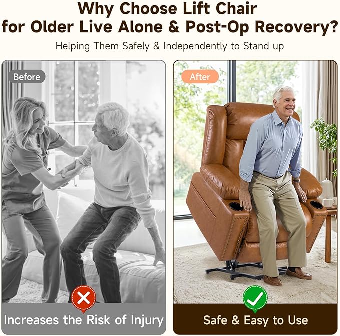 Large Power Lift Chair Recliner for Elderly with Heated and Massage, Overstuffed Adjustable Lift Chair, 3 Position, Breathable Leather, USB-A&USB-C, Cup Holder (Large-7523, Caramel)