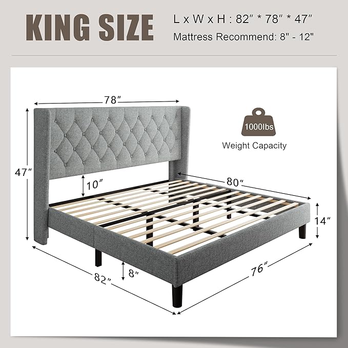 King Size Upholstered Bed Frame with Wingback Headboard, Fabric Linen Platform Bed, 8" Under Bed Storage, Wooden and Metal Slats Support, No Box Spring Needed, Light Grey
