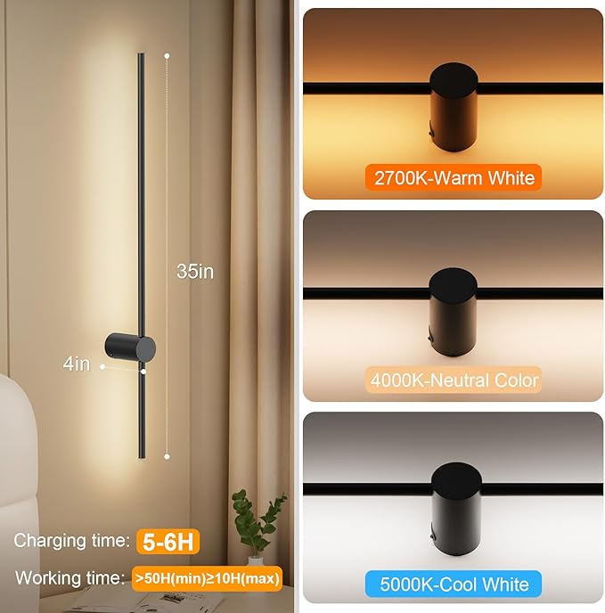 NIORSUN 35.4 Inch Battery Operated Wall Sconce Set of 2,Black Minimalist Rechargeable LED Wall Lights with Remote, 10 Colors Dimmable Wireless Wall Sconce for Living Room Bedroom Hallway
