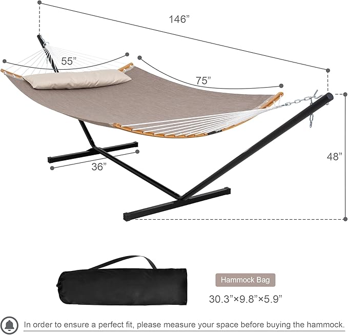 Quick Dry Hammock with Stand Included, Heavy Duty Hammock with 12FT Hammock Stand for Outside, Poolside, 450 Lbs Capacity, Brown