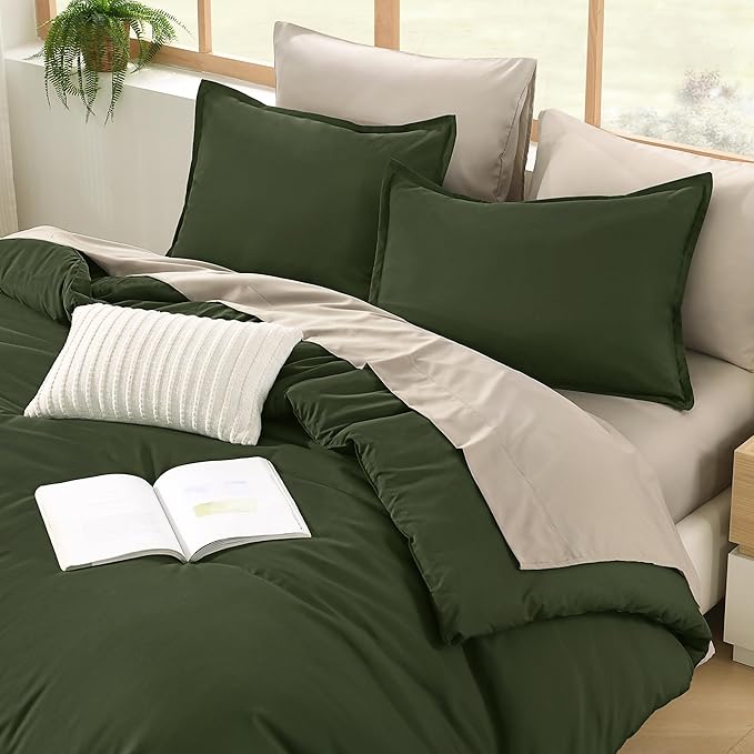Litanika Comforter Queen Size Set Olive - 7 Pieces Bed in a Bag Queen Beddding Comforter Sets, Plain Lightweight Bed Set with Comforter, Sheets, Pillowcases & Shams