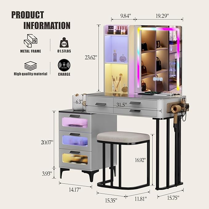HNEBC Vanitys with HD Glass Display Table, Makeup Desk with Lighted Mirror and Charging Station, Dressing Table with RGB Lights,Jewelry Organizer,Cabinet,6Drawers,Chair for Women/Girls (Grey)