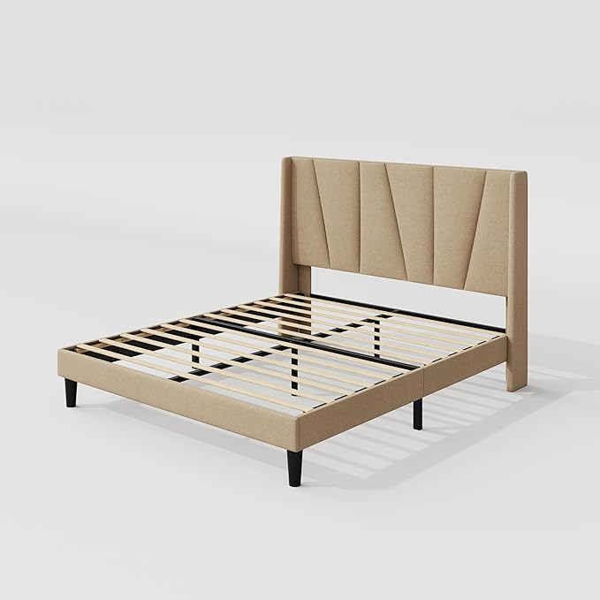 Allewie Queen Size Platform Bed Frame with Geometric Wingback Headboard, Modern Upholstered Bed with Wooden Slats Support, No Box Spring Needed, Easy Assembly, Beige