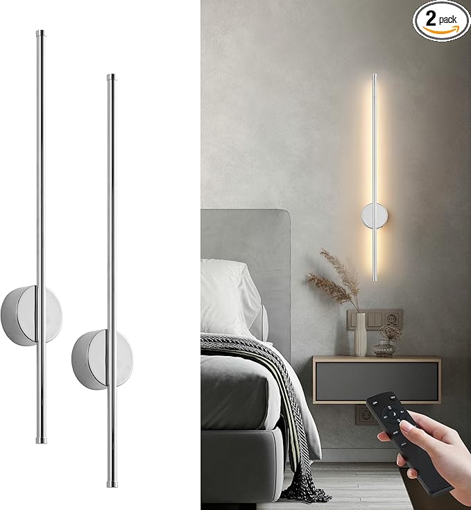 Battery Operated Modern Wall Sconces, Dimmable Wireless Wall Light Set of Two with Remote Control, 3 Color Temperatures, Rechargeable LED Wall Sconce for Bedroom, Living Room,Hallway, 27.6 Inch Chrome