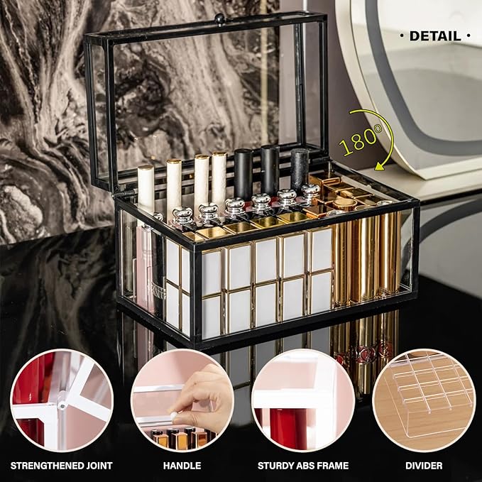 40 Lipsticks Organizer with Lid, Glass Display Box Fits Large Perfume & Skincare, Easy-Access Organiser for Vanity Countertop, Multifunctional Display Box in Any Rooms