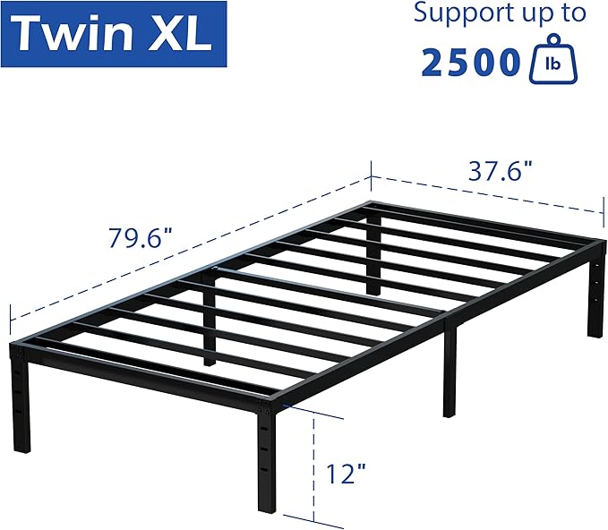 XL Twin Bed Frame No Box Spring Needed, 12 Inch Heavy Duty Metal Twin XL Platform Bed Frame Support Up to 2500 lbs, Easy Assembly, Noise Free, Black