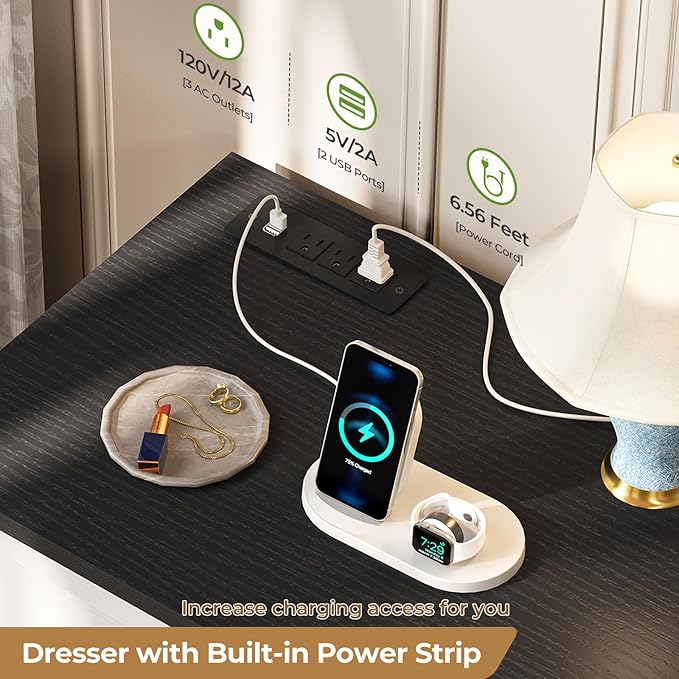 Hasuit Dresser for Bedroom with 9 Drawers, 51.2" Large Dresser with Charging Station, Wide Farmhouse Dresser Chest of Drawers, Wooden Storage Tower Organizer, Dresser for Bedroom Closet, White/Black