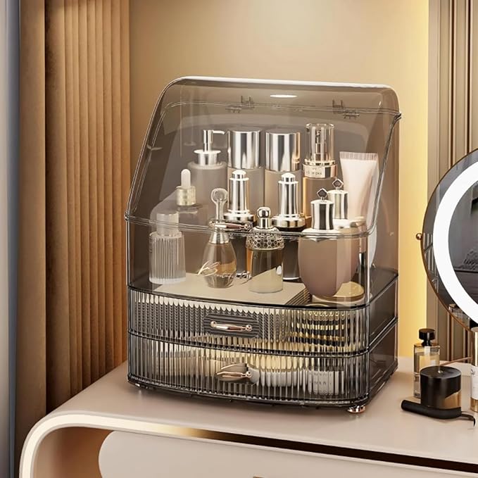 Clear Makeup Organizer Countertop with Drawers and Lid, Dustproof Organizers and Storage for Bathroom Vanity, Ideal for Cosmetic, Beauty Supplies -Black