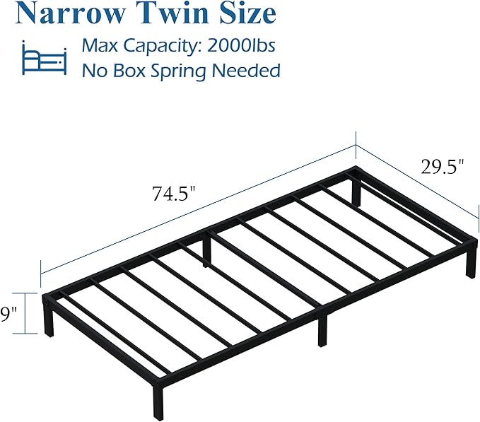Narrow Twin Bed Frame 9 Inch Heavy Duty Low Profile Metal Platform No Box Spring Needed Mattress Foundation, Easy to Assembly, Noise Free, Black
