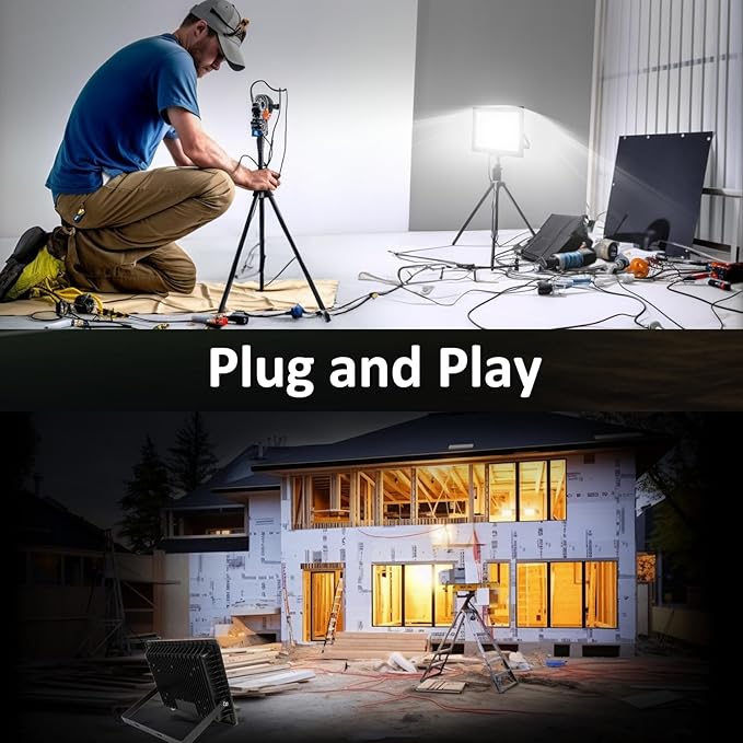 100W Flood Lights Outdoor,9000LM Bright Work Light Plug in,6500K Daylight White LED Flood Light Outdoor, IP66 Waterproof Exterior Floodlight for Yard Garage Stadium 2 Pack