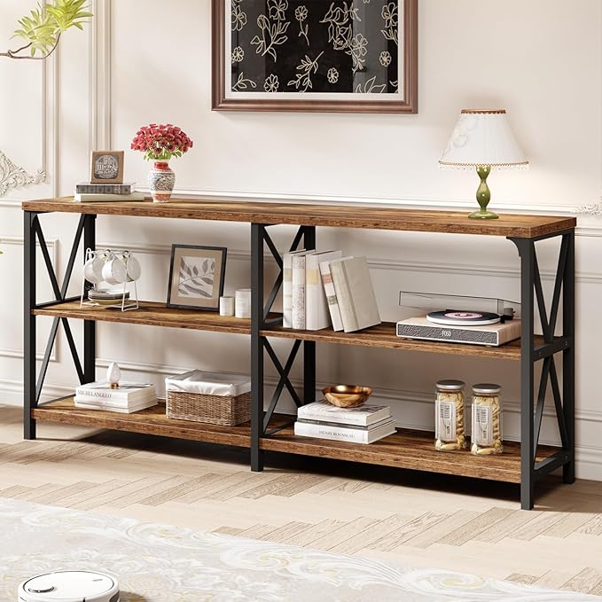 IBF Rustic Console Table, Modern Entryway Table with Storage Shelves, Industrial Metal Wood Sofa Tables Behind Couch, Farmhouse 3 Tier Foyer Hallway Tables for Bedroom, Rustic Brown, 63 in