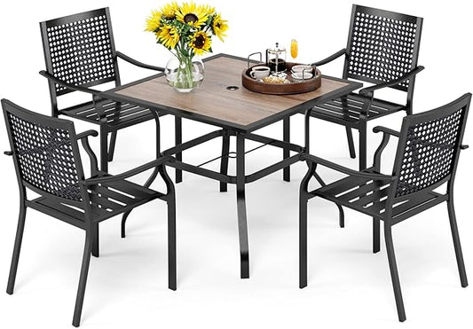PHI VILLA Outdoor Conversation Set of 5 Piece Patio Furniture Dining Set for 4 Metal Chair Dining Table Set Modern Patio Wood-Like Table with Umbrella Hole for Outdoor Garden,Patio,Yard,Bistro