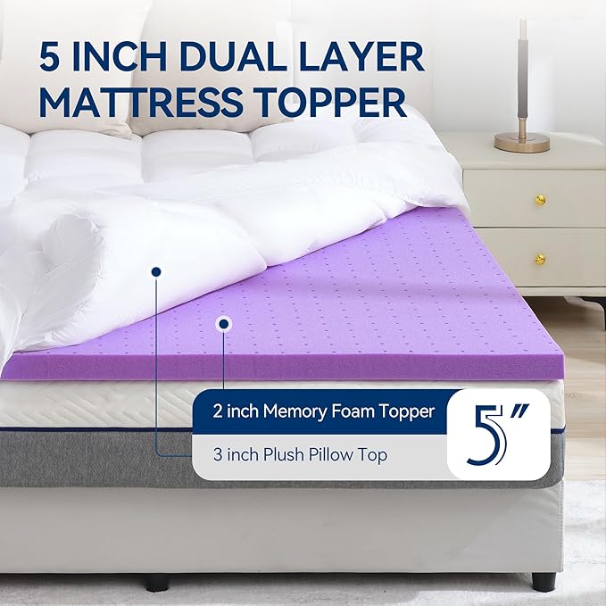 BDEUS Dual Layer 5 Inch Memory Foam Mattress Topper Twin Size, 2 Inch Gel Memory Foam Plus 3 Inch 1450 GSM Down Alternative Quilted Pillow Top Mattress Pad Cover,White