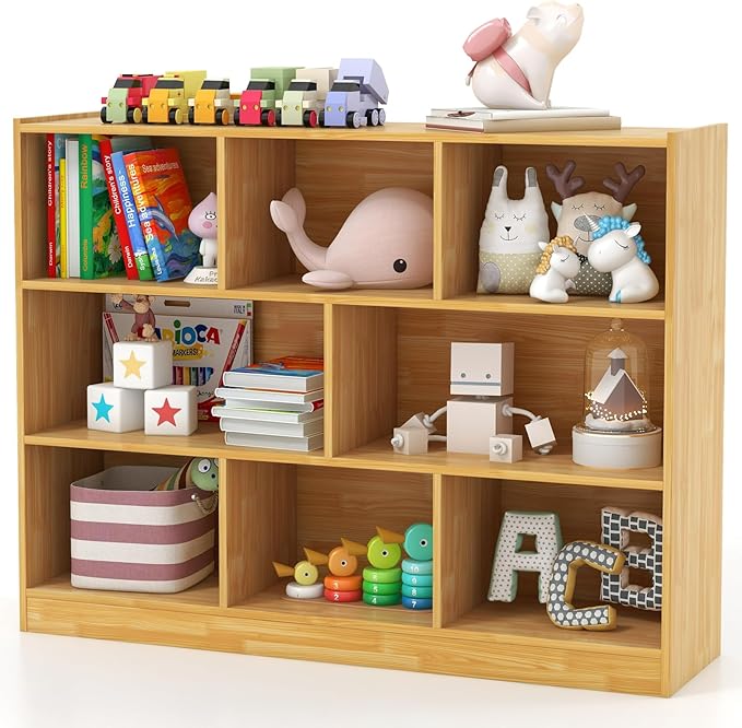 Toy Storage Organizer, 3-Tier Kids Bookshelf, 8 Cube Kids' Bookcases, Cabinets & Shelves, Wooden Toy Organizers, Small Book Shelf for Bedroom, Playroom, Classroom, Nursery (Burlywood)