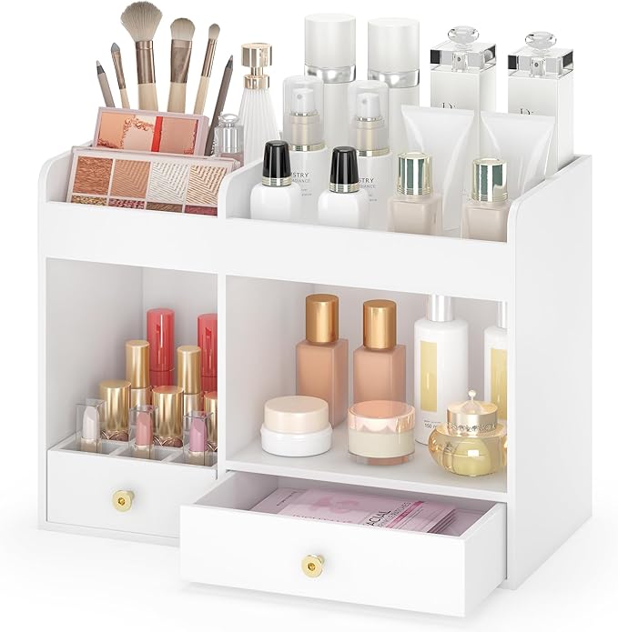 Makeup Organizer with Drawers, Bamboo Countertop Cosmetic Storage for Dresser Vanity Organizer Beauty Desk Skincare Holders Container Make Up Organizing for Lipstick