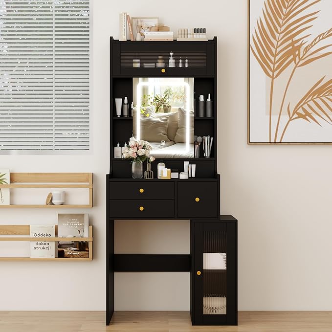 ARTETHYS Small Vanity Desk with Sliding Mirror and Lights Black Makeup Vanities Set with Drawers Compact Dressing Table with Cabinet and Adjustable Shelves for Bedroom