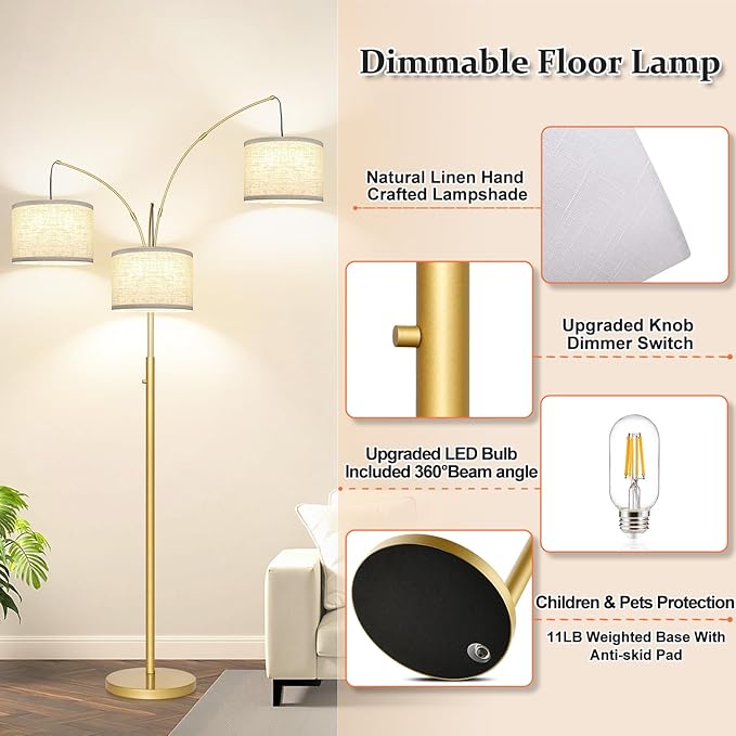 Dimmable Gold Floor Lamp, 3 Lights Arc Floor Lamps for Living Room, Modern Tall Standing Tree Lamp with White Shade & Heavy Base, Large Floor Lamp for Bedroom Office, 3x1000 LM LED Bulbs Included
