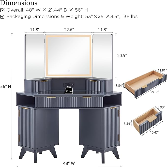 T4TREAM Fluted Makeup Vanity Desk with 3 Way Mirror and Lights, 48" Large Corner Vanity Table with Glass Top, Charging Station, 3 Drawers, Storage Cabinets & Shelves, for Bedroom, Dark Grey