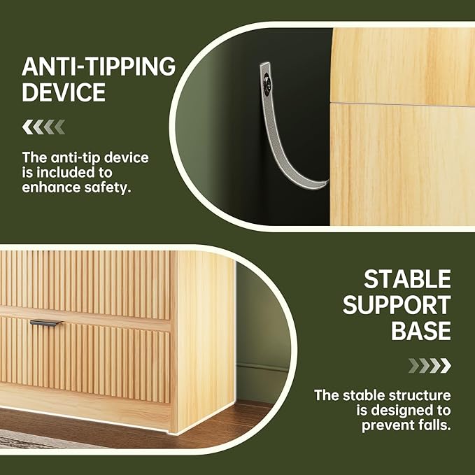 FURSUN Fluted 5 Drawers Dresser for Bedroom, 48" Tall Wooden Modern Dresser with Metal Handle, Curved Profile Design, Storage Organizer for Living Room, Hallway (Natural Oak)