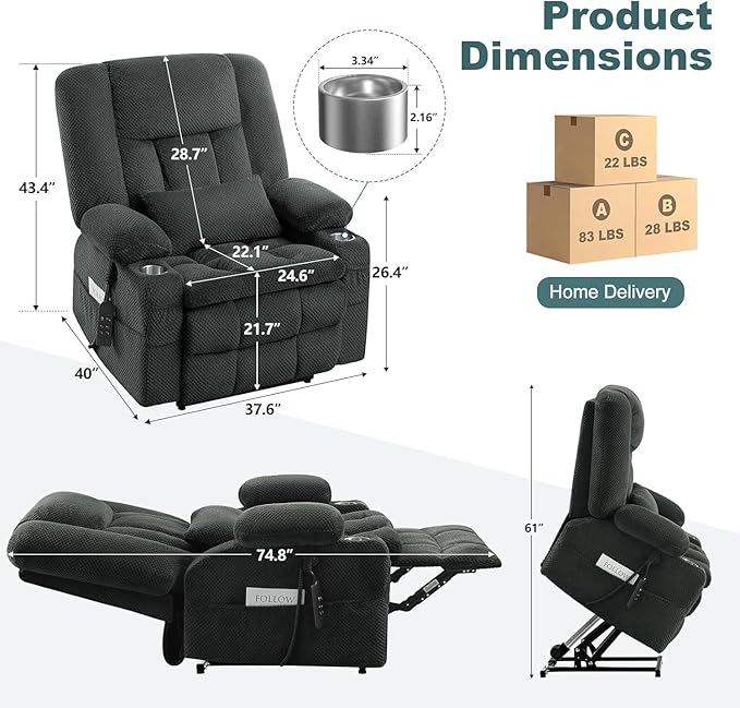 Infinite Position Power Lift Chair, Dual Motor Power Lift Recliner Chair with Massage and Heat Function for Elderly People, USB Ports, Premium Grey