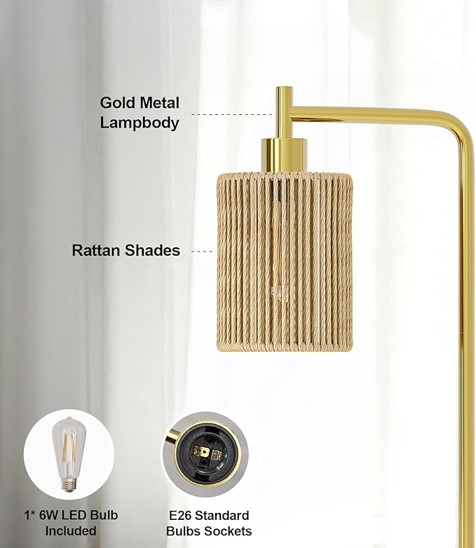Oneach 66" Gold Floor Lamp for Living Room, Boho Floor Lamp with LED Bulb, Foot Switch, Rattan Shade, Industrial Tall Farmhouse Standing Lamp for Bedroom, Dining Room, Study Room, Office