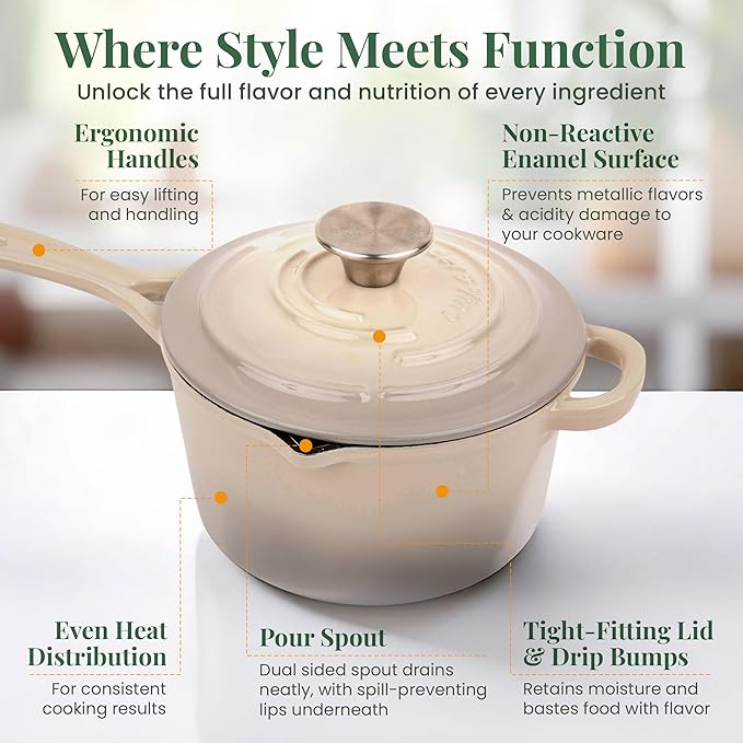 Larder & Vine Enameled Cast Iron Saucepan | 2.2 qt Sauce Pan with Lid | Saucepan with Pour Spouts | Enameled Cast Iron Pot Compatible on All Cooktops & Oven Safe to 500° F | Stone