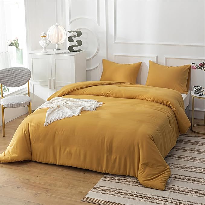 Cottonight Mustard Yellow Comforter Sets King Solid Dark Yellow Bedding Comforter Set Deep Yellow Cozy Blanket Quilts Women Men Durable Modern Style Mustsard Bedding Set for Adults Teens