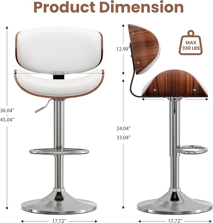 Bar Stools Set of 3, Bentwood Adjustable Height Swivel Bar Stools, PU Leather Upholstered Bar Chair with Back and Footrest for Bar, Kitchen, Dining Room, White