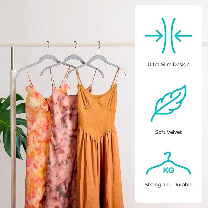Premium Velvet Shirt Hangers 50 Pack, Space-Saving Non-Slip Felt Hanger with 360° Swivel Hook, Slim Flocked Hangers for Strappy Dresses, Blouses, Tank Tops(Grey)