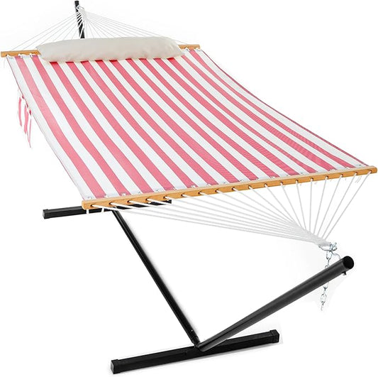 Waterproof Double Hammock with Stand for Outside Heavy Duty, 2 Person 55'' Large Quick Dry Textilene Hammocks with Hardwood Spreader Bar, Pillow, Side Pocket, 475lbs Capacity (Pink & White)