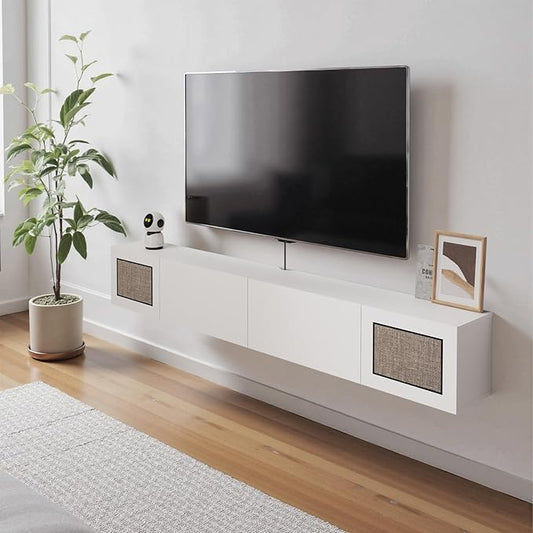 Pmnianhua Boho Floating TV Stand 55", Modern Wall Mounted Media Console with Cotton-Rayon Doors for Under TV Shelf,Entertainment Center,Living Room,Bedroom(White)