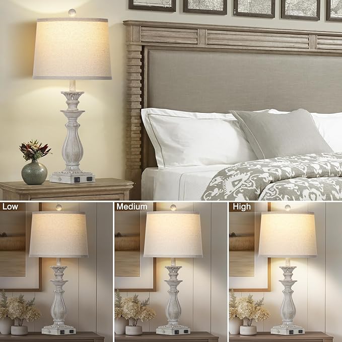 28" Farmhouse Table Lamps for Living Room Set of 2, 3-Way Dimmable Touch Bedside Lamps with USB C+A Ports & AC Outlet, Resin Vintage Tall Nightstand Lamps for Bedroom Office End Table, Grey