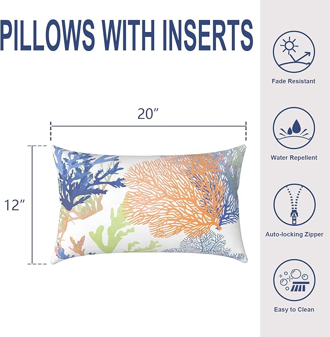 Outdoor/Indoor Lumbar Pillows, Water Repellent Cushion Pillows, 12x20 Inch, Outdoor Pillows with Inserts for Home Garden, Pack of 2, Coral Multi