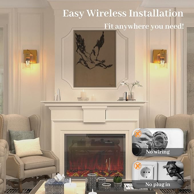 Battery Operated Wall Sconce with Remote Control Set of 2, Dimmable Wall Mounted Light Easy Install, Rechargeable Wireless Wall Lamp for Bedroom Bathroom Kitchen Vanity Mirror, Brass