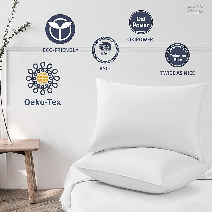puredown® Goose Feathers and Down White Pillows with 100% Soft Cotton Cover, Bed Sleeping Hotel Collection Pillows Set of 2 King Size