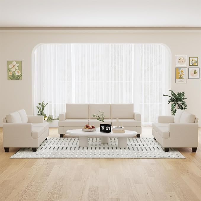 Furnimart Sectional Couches for Living Room, Modern 2 Loveseats and 3 Seater Couch, CreamDeep Seat Sofa Set, Beige Linen Sectional Sofa, Comfy Fluffy Couch with Removable Sofa Cover