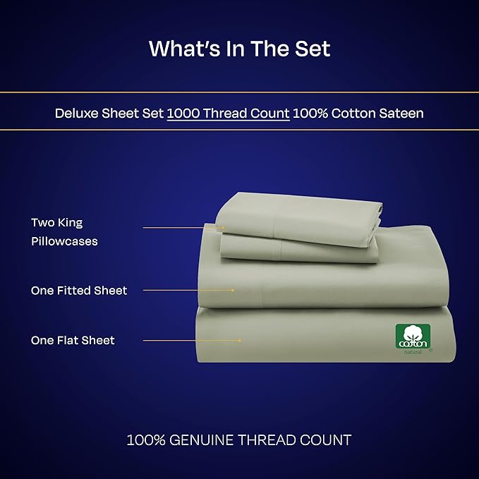 California Design Den Thick and Natural 100% Cotton Bed Sheets King Size Set - Luxury 1000 Thread Count Sateen, Deep Pocket Sheet & Pillowcase Sets, Soft, Breathable and Durable Bedding - Sage Green