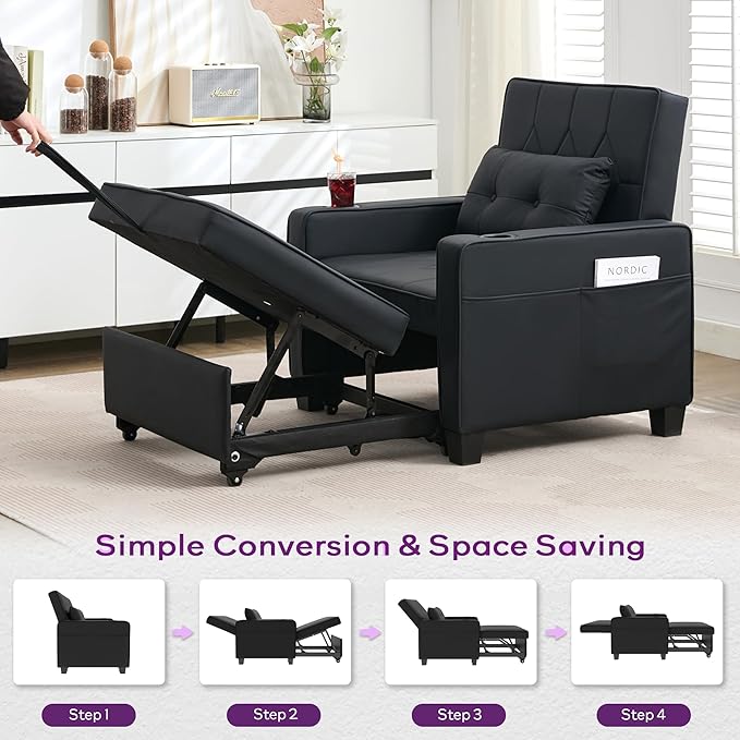 TYBOATLE Leather Convertible Sleeper Chair Bed for Adults, 3-in-1 Pull Out Sofa Chair Bed with USB/Type-C Ports, Cup Holders, Side Pockets, Single Sofa for Living Room, Bedroom, Office (Black)