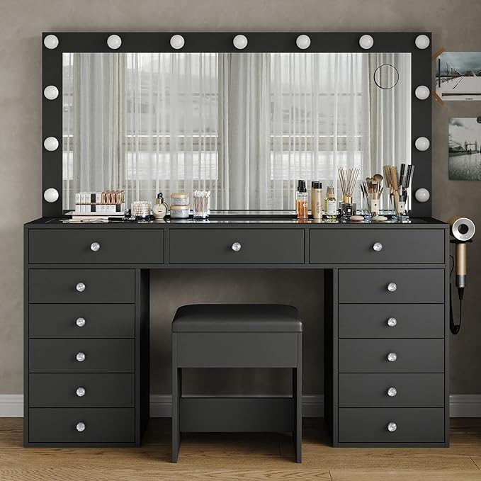 55'' Vanity Desk, Makeup Vanity with Charging Station, 13 Drawers with Lighted Mirror, 3 Lighting Modes, Brightness Adjustable, Glass Top, Vanity Table with Chair for Bedroom, Black