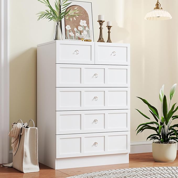 Wood Dressers for Bedroom: 24" Large White Dresser for Bedroom Deep 6 Drawers, Modern Chest of Drawers for Clothes, Fluted Double Wide Dresser with Handles