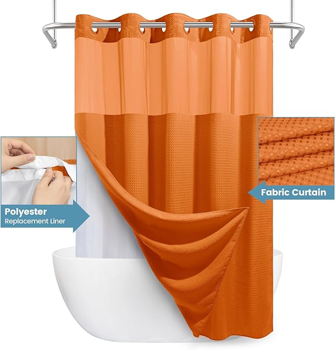 Burnt Orange No Hook Shower Curtain with Snap in Liner,230GSM Waffle Weave Shower Curtains for Bathroom,71W x 74H