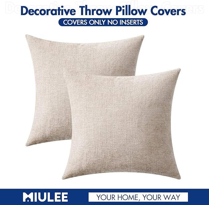 MIULEE Pack of 2 Couch Throw Pillow Covers 16x16 Inch Soft Light Brown Chenille Pillow Covers for Sofa Living Room Solid Dyed Pillow Cases