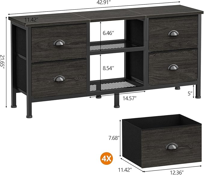Furologee TV Stand with 4 Drawers, 43 inch Entertainment Center with Open Shelves, Media Center for 50" TV, Television Stand for Bedroom, Living Room/Light Black Oak