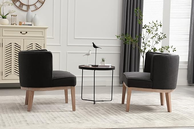 Set of 2 Accent Arm Chair with Wood Legs, Comfy Barrel Side Chair Linen Upholstered Reading Chairs with Back for Living Room Bedroom, Charcoal