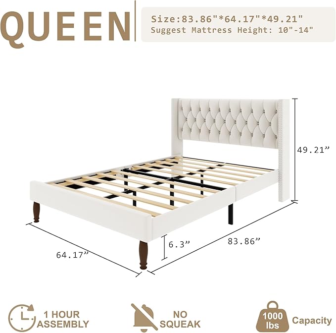 Queen Size Velvet Upholstered Bed Frame, 49.2" Tall Wingback Headboard, Deep Button Tufted, No Box Spring Needed, Solid Wood Legs, White
