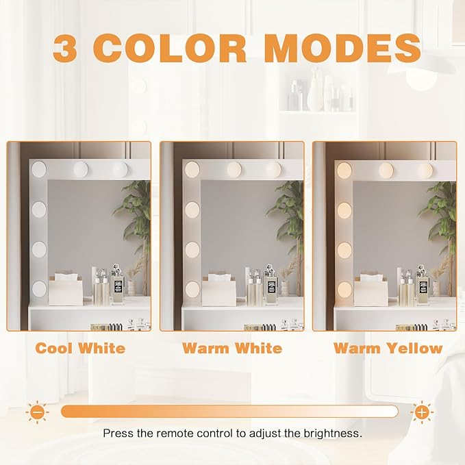 YESHOMY Vanity Desk with Mirror, Power Outlet and 10 Lights, Makeup Table with 4 Drawers, 3 Color Modes Available for Bedroom, White, 39.3x17.7x58.8 inch