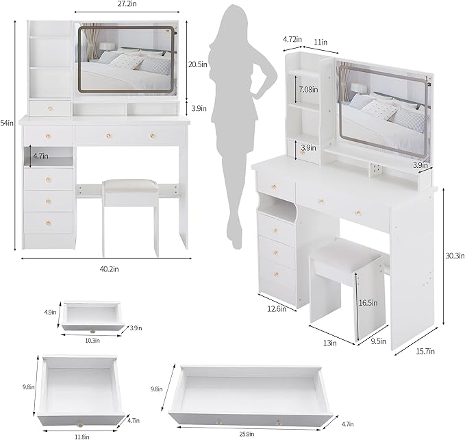 41" Vanity Desk with Mirror and Lights, Makeup Table with Led Mirror, 3 Lighting Colors, Vanity Set with 6 Drawers and Stool for Bedroom, White