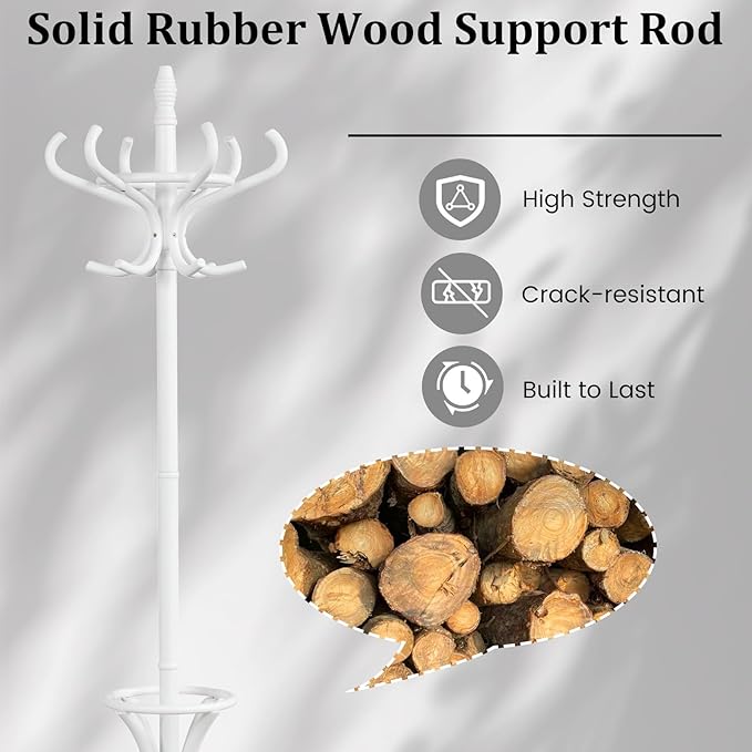 Tangkula Coat Rack with Umbrella Holder, 73 Inch Freestanding Coat Hanger Stand with 12 Hooks, Wooden Entryway Coat Tree for Clothes, Bags, Hats, Scarves, Living Room, Bedroom, Hallway (White)