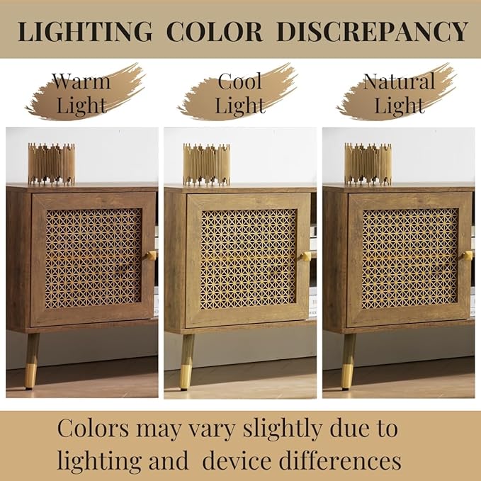 Mid Century Modern TV Stand for Living Room, TV Consoles for TVs Up to 75" - Rustic Oak Entertainment Center, 2 Gold Metal Mesh Doors & MDF Wood Grain, 15.8" D x 66" W x 23.5" H